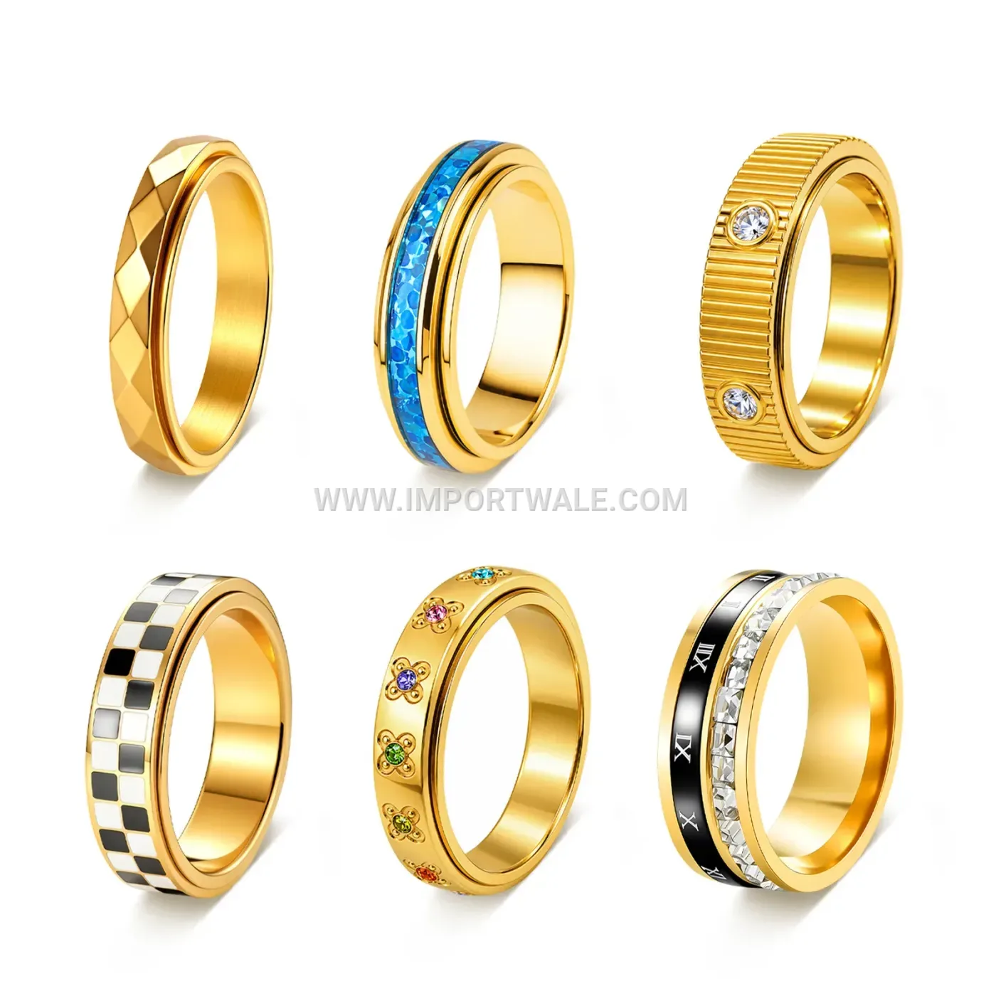 Checkerboard Spinning Stainless Steel Ring with Colored Crystals