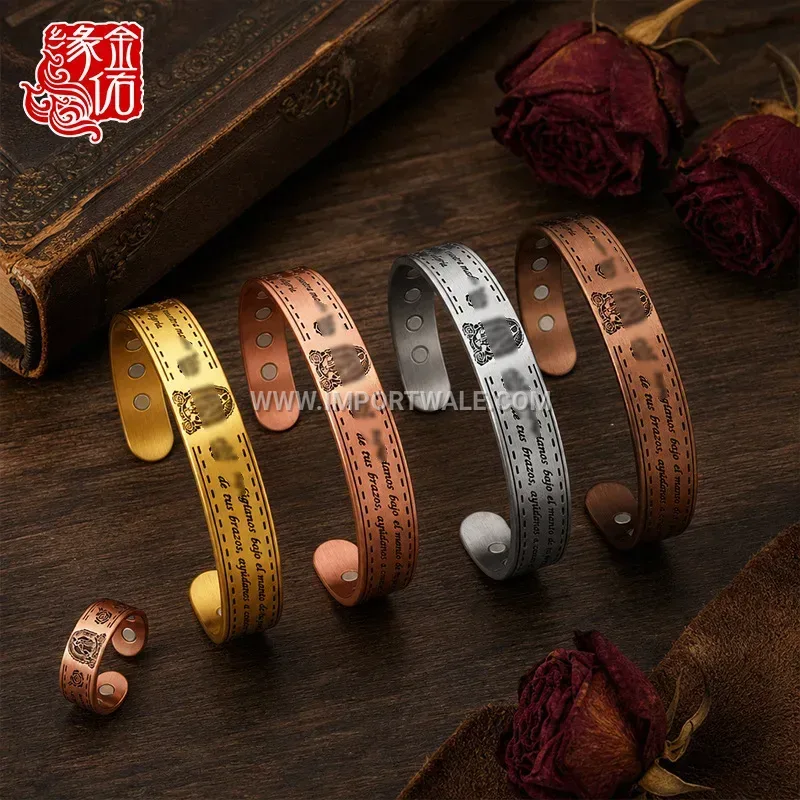 Vintage Red Copper Virgin Mary Script Magnetic Adjustable Cuff Ring Bracelet