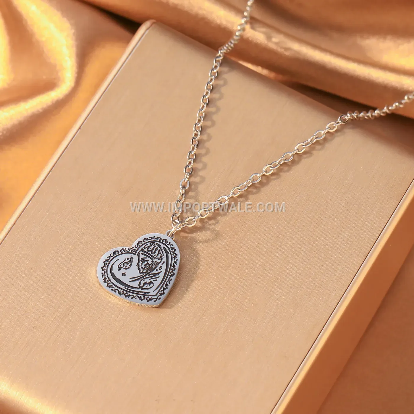 Stainless Steel Two Tone Heart Pendant Ayatul Kursi Calligraphy Necklace