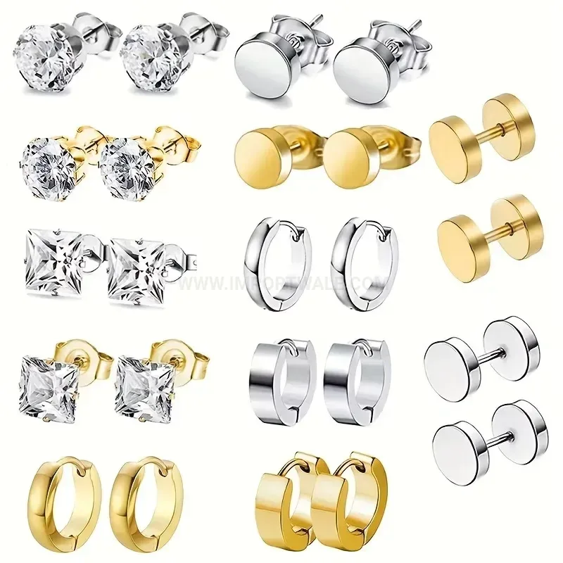 Classic Geometric Square Stainless Steel Piercing Ear Stud Set