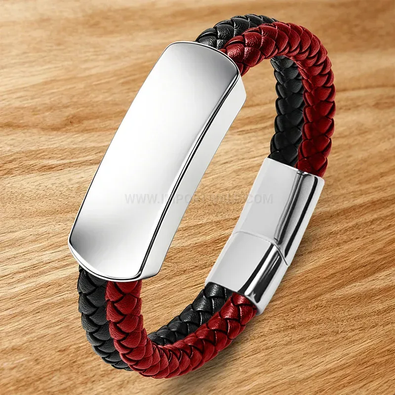Bold Sleek ID Plate Two-Tone Leather Men's Wristband