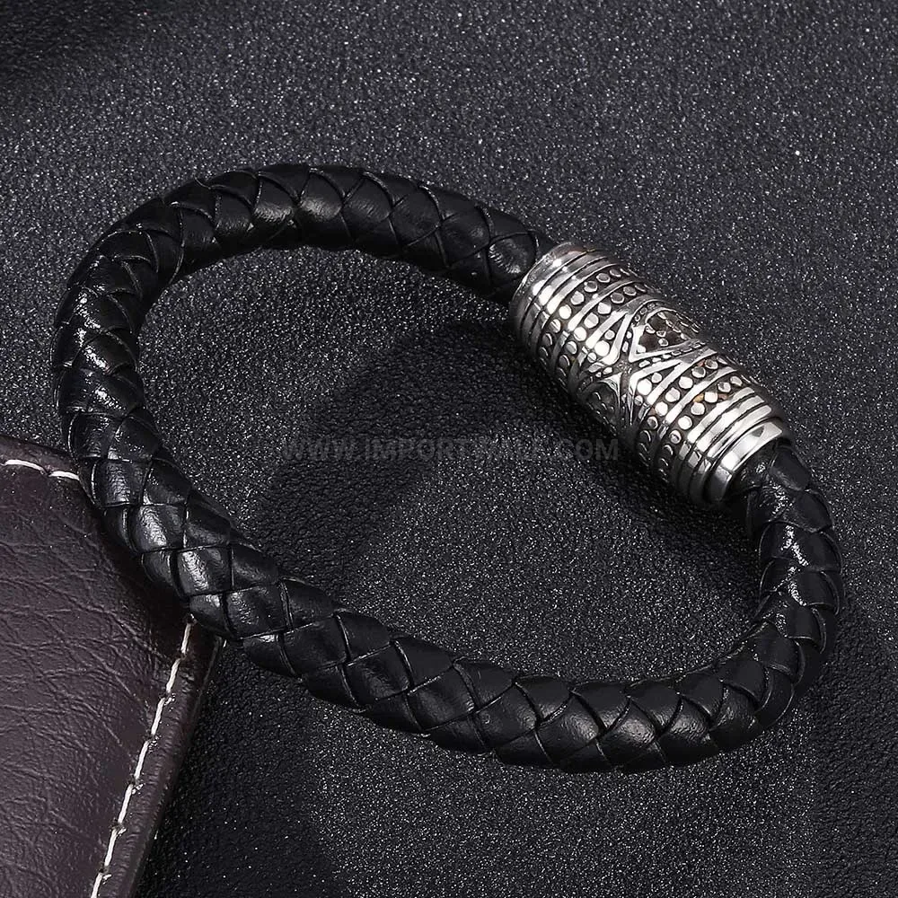 Geometric Stainless Steel Magnetic Leather Rope Bracelet