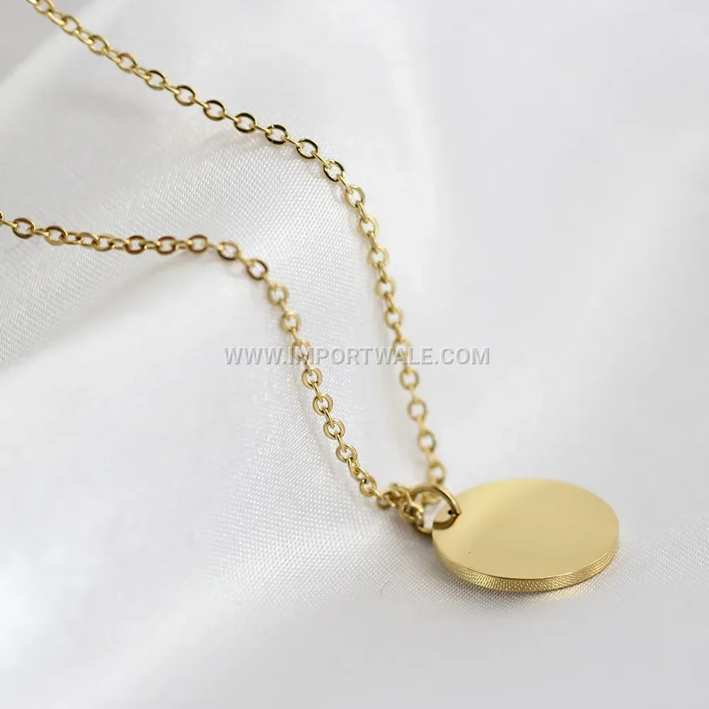 Polished Round Disc Pendant Gold Plated Stainless Steel Necklace