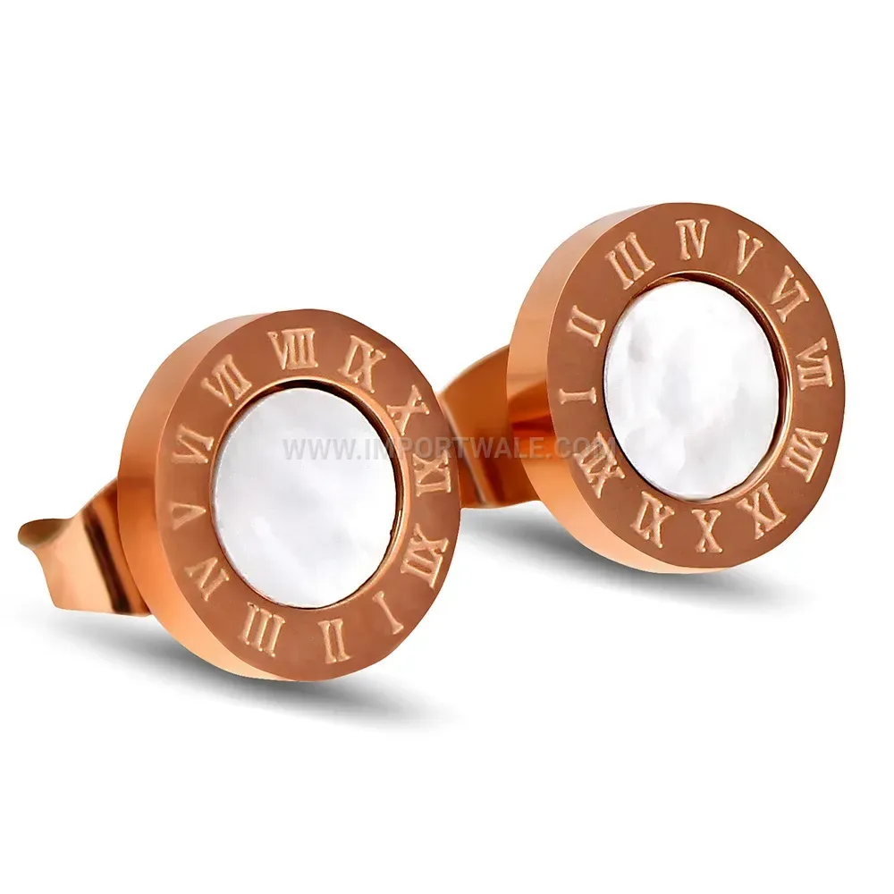 Stainless Steel Roman Numeral Round Stud Earrings with Shell Accent