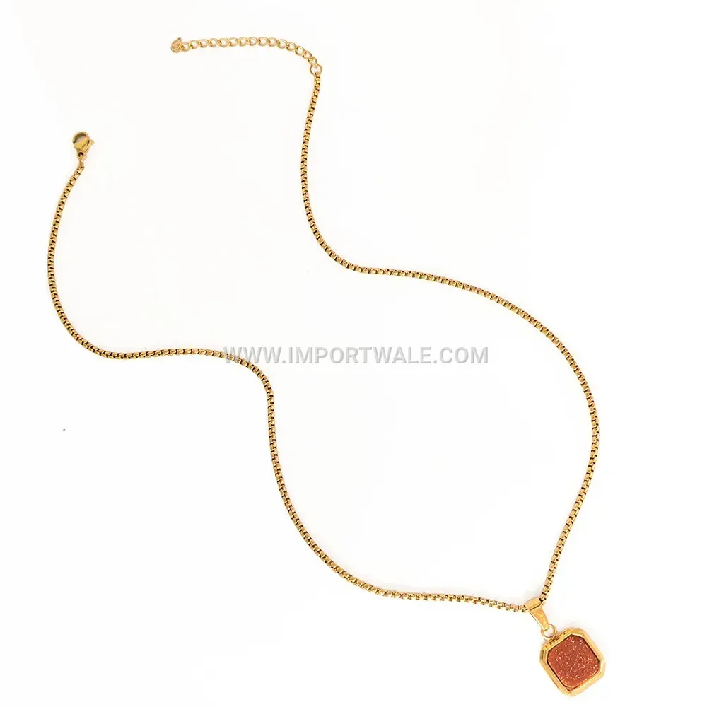 Square Gold Sandstone Rhinestone Encased Stainless Steel Necklace