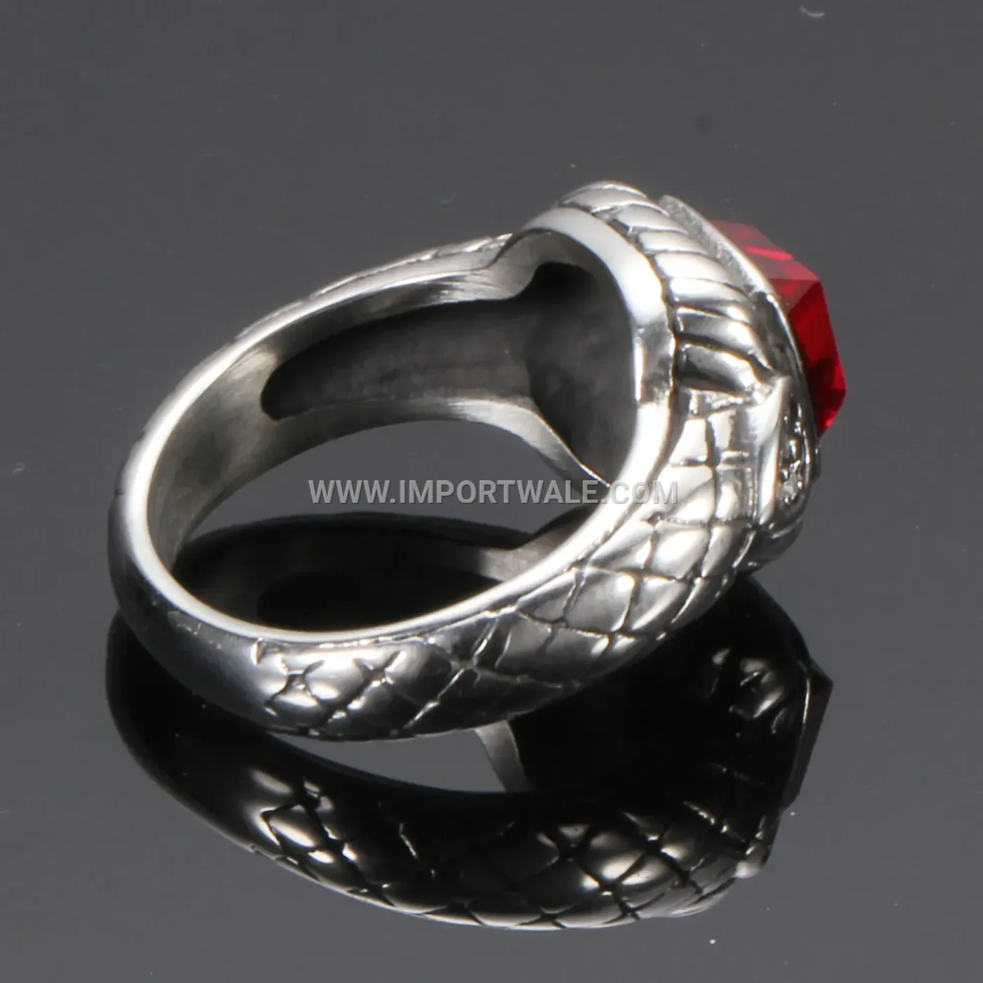 Vintage Snake Texture Stainless Steel Red Glass Ring