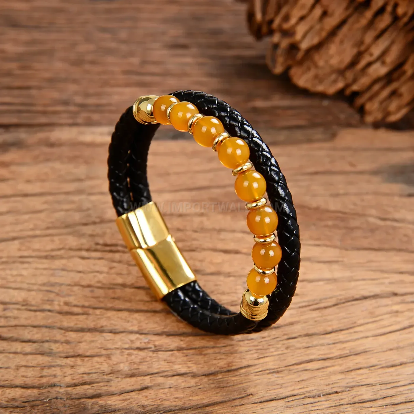 Double Layer Braided Leather Stone Bead Bracelet with Stainless Steel Clasp