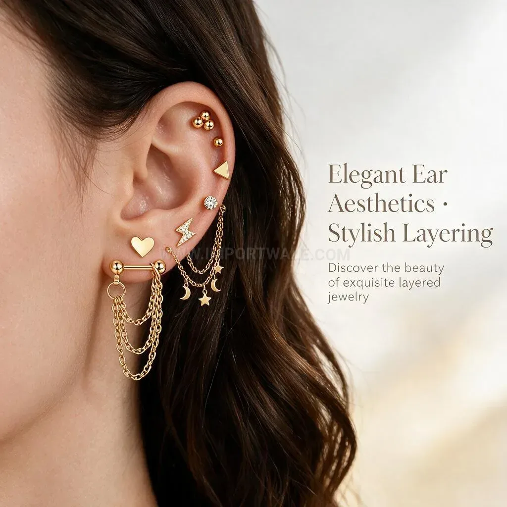 Elegant Stainless Steel Celestial Charm Chain Layering Ear Piercing Stud Set