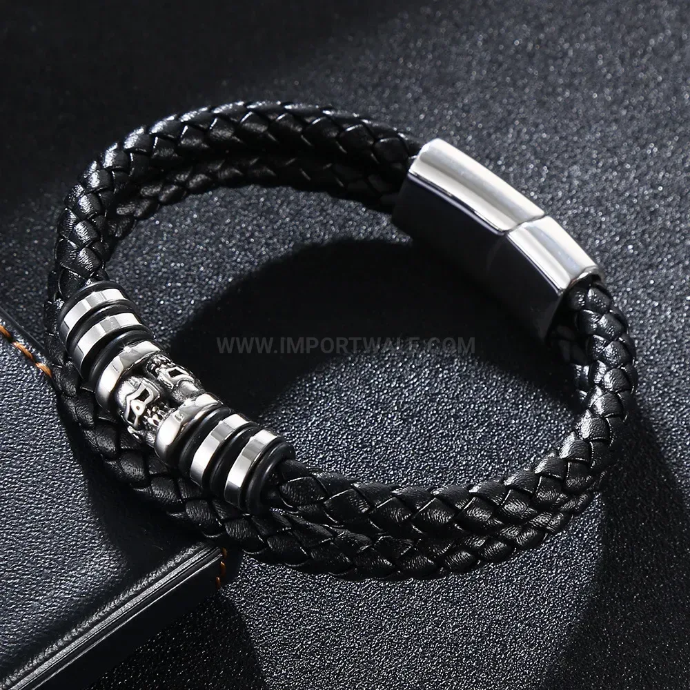 Multi-Strand Braided Leather Magnetic Steel Skull Bracelet