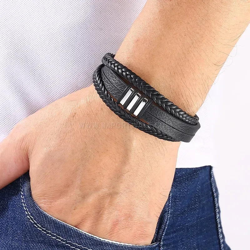 Black Leather Bracelet with Magnetic Stainless Steel Clasp Closure