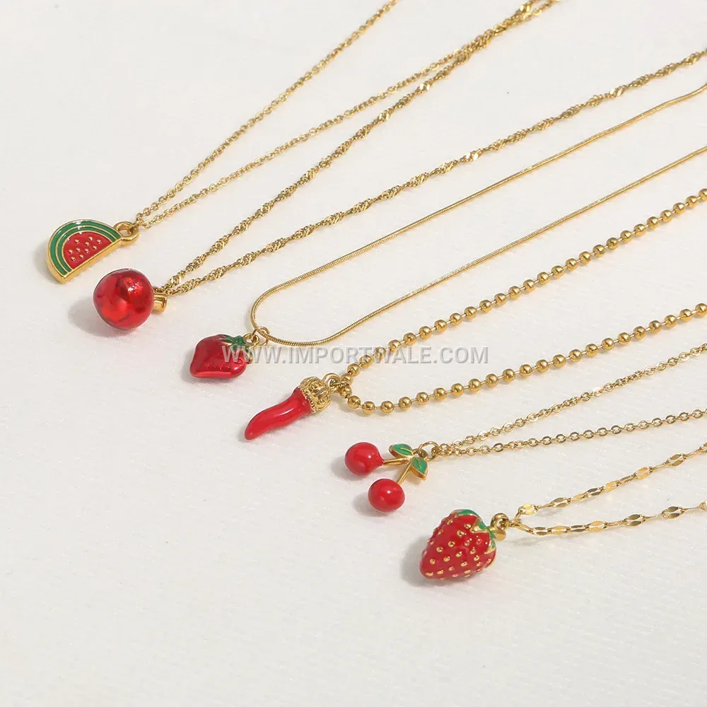 Gold Plated Stainless Steel Zircon Fruit Pendant Snake Chain Necklace