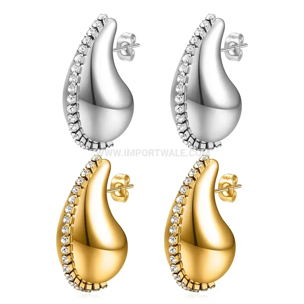 Hollow Teardrop Stainless Steel Stud Earrings with Zircon Accent