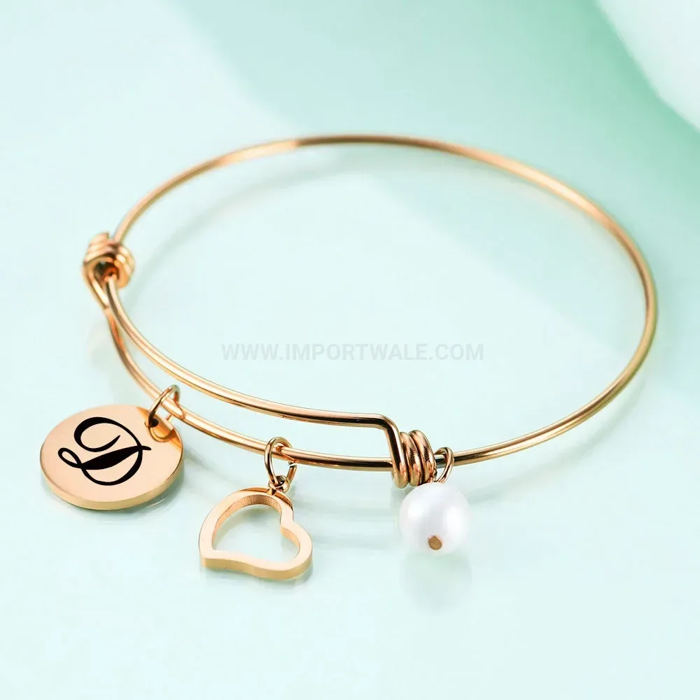 Elegant Initial Letter Engraved Pearl Stainless Steel Bangle