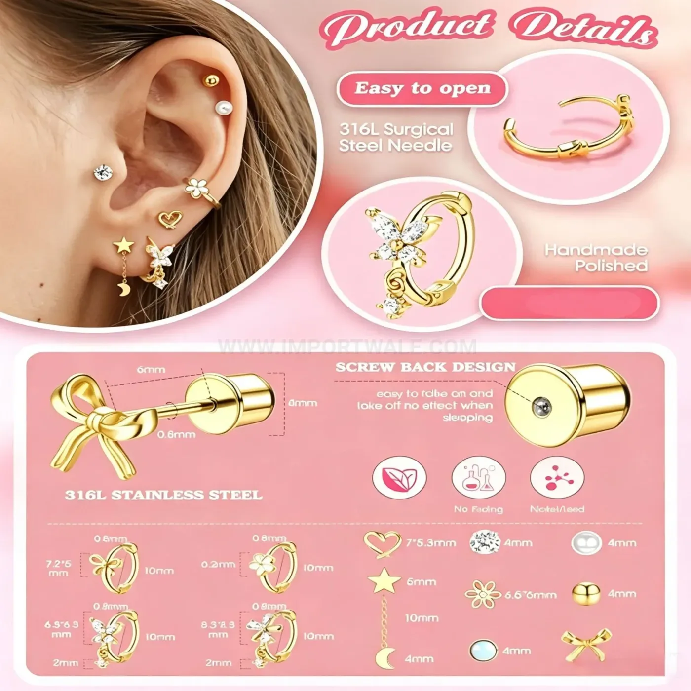 Stylish Stainless Steel Bow Floral Celestial Piercing Stud Earring Set