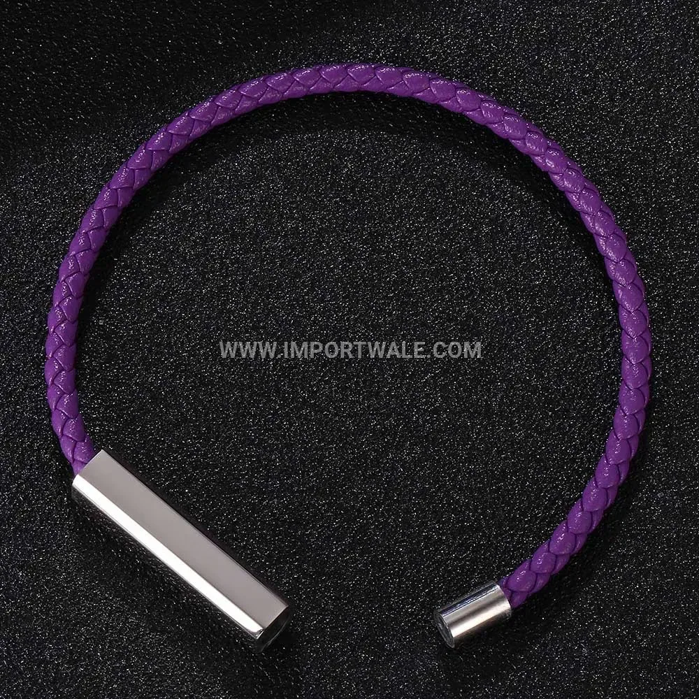 Woven Leather Bracelet with Polished Stainless Steel Magnetic Clasp