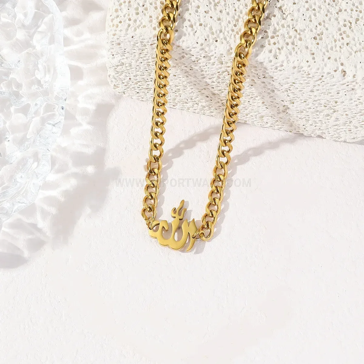 Stainless Steel Arabic Calligraphy Pendant Necklace with Bold Cuban Link Chain