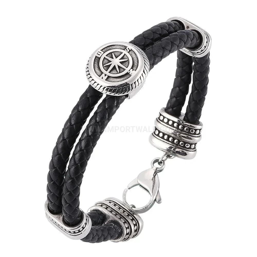 Braided Leather Wristband Bracelet featuring Stainless Steel Lobster Clasp