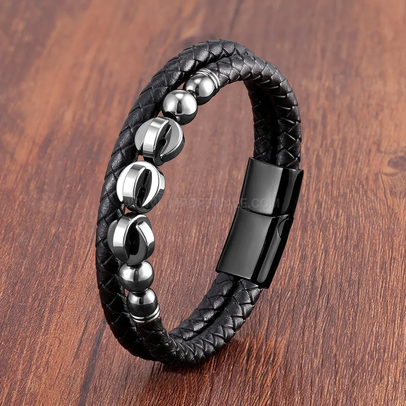 Double Layer Woven Leather Natural Stone Stainless Steel Magnetic Bracelet