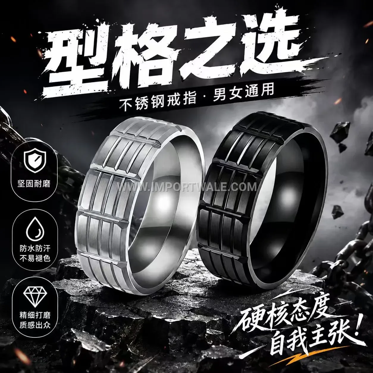 Men's Black Plated Stainless Steel Grooved Band Ring