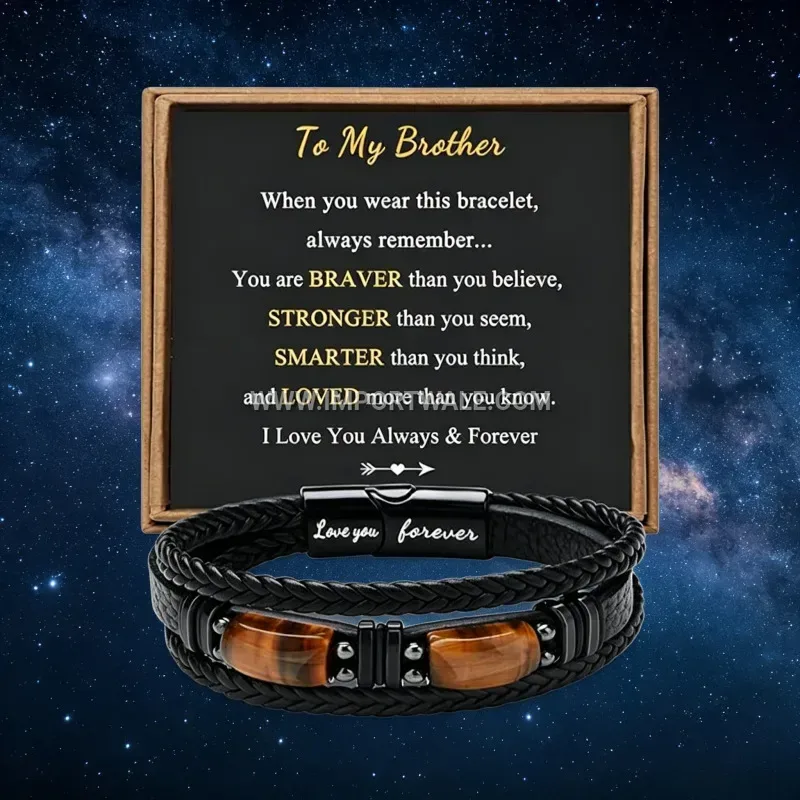 Men Braided Leather Tiger Eye Stone Wristband Clasp Gift Set