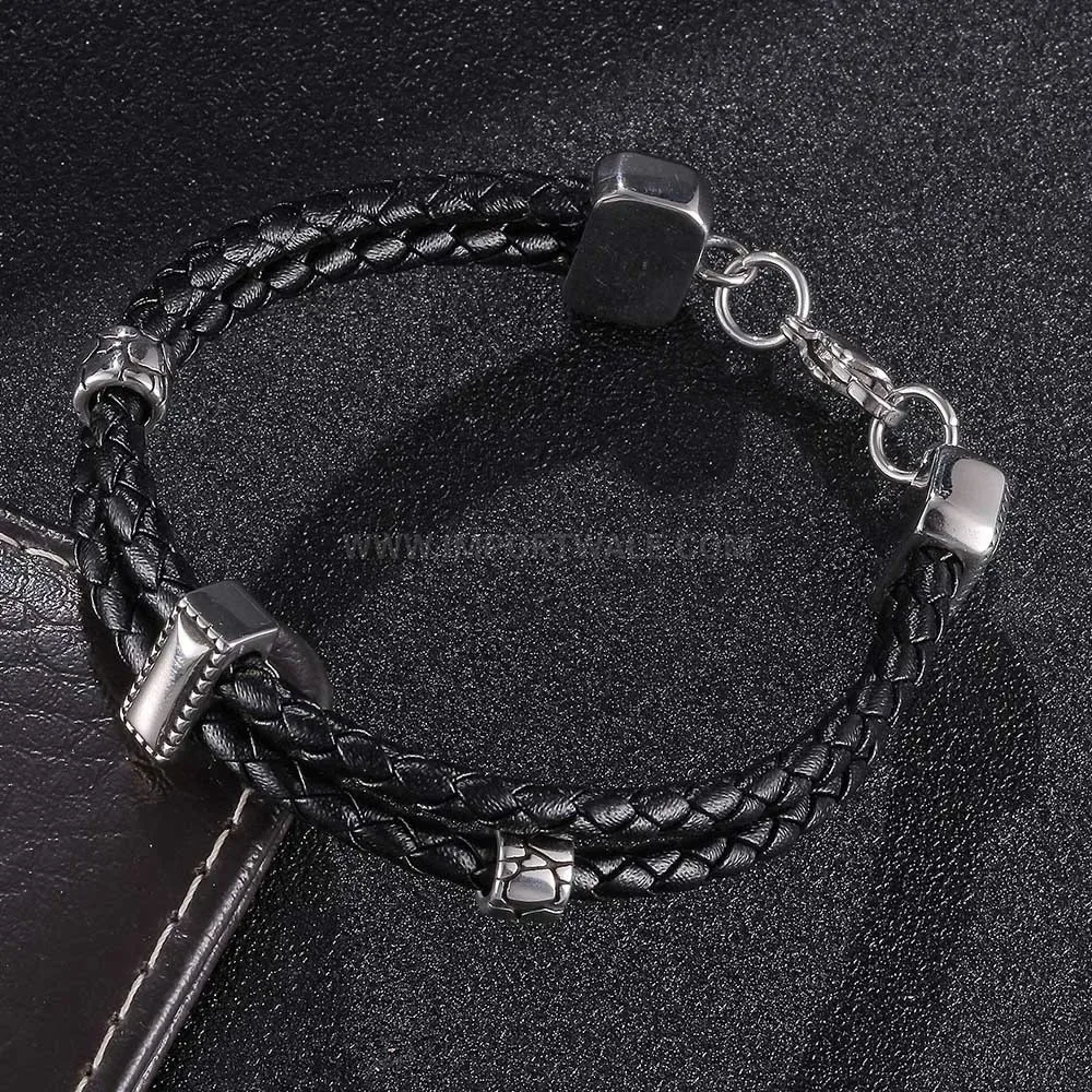 Double Layer Braided Black Leather Steel Accent Mens Bracelet