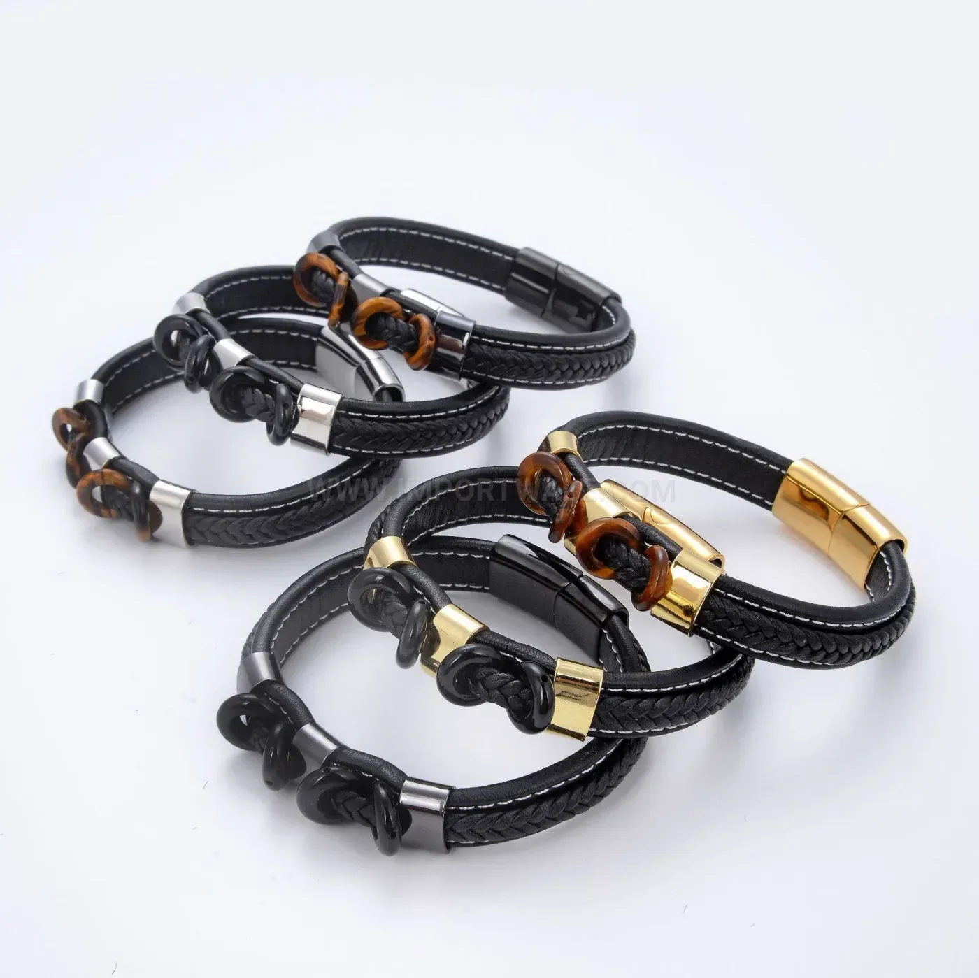 Braided Leather Stone Bead Bracelet With Stainless Steel Magnetic Clasp