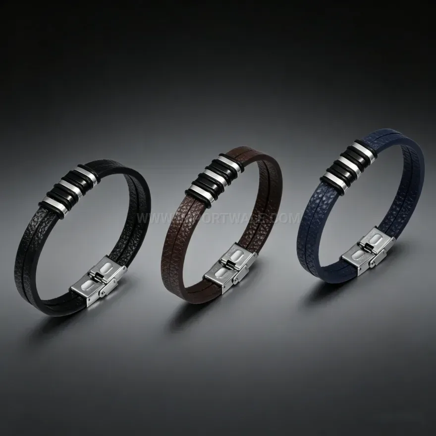Trendy Sleek Microfiber Leather Bracelet With Stainless Accent