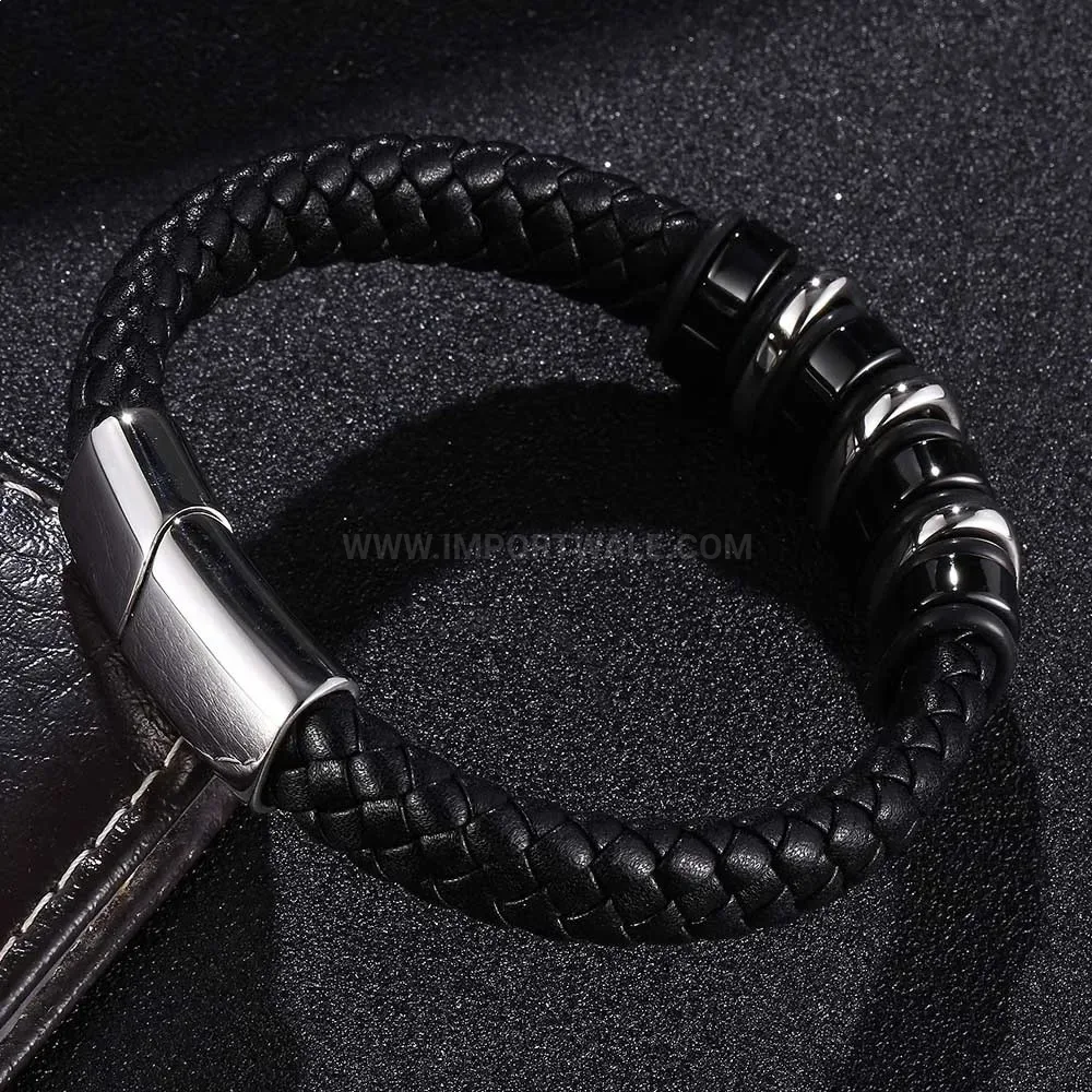 Multi-Color Braided Leather Bangle With Electroplated Stainless Steel Clasp