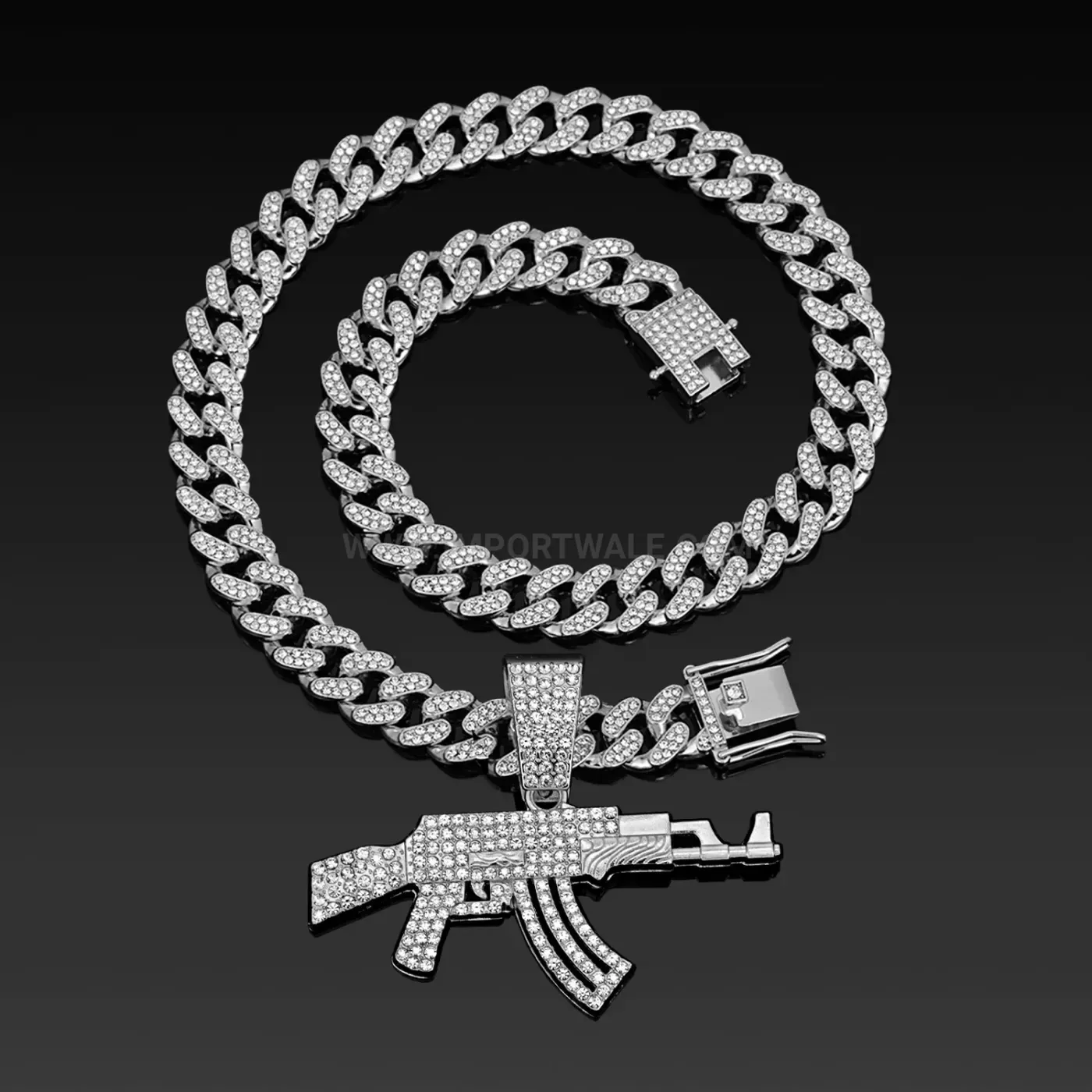 Rhinestone AK47 Rifle Pendant Hip Hop Cuban Chain Necklace