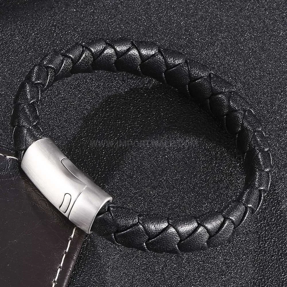 Woven Pattern Leather Bracelet with Stainless Steel Magnetic Closure