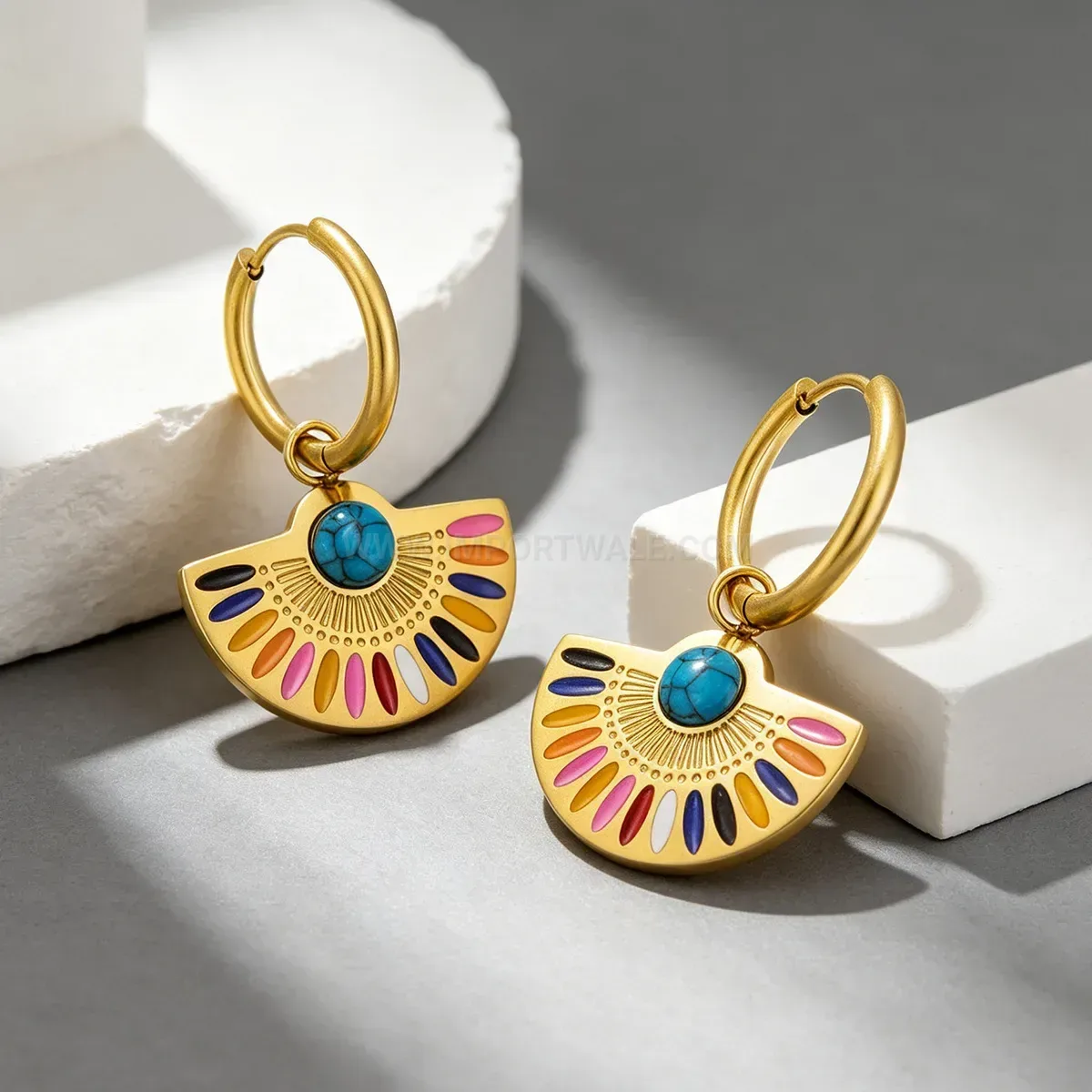 Painted Fan Shaped Stainless Steel Drop Earrings