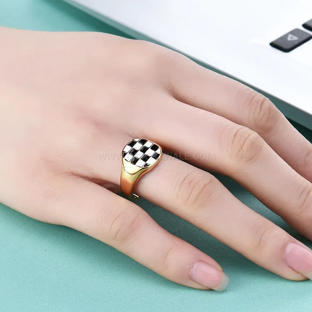 Wide Square Checkerboard Enamel Stainless Steel Ring