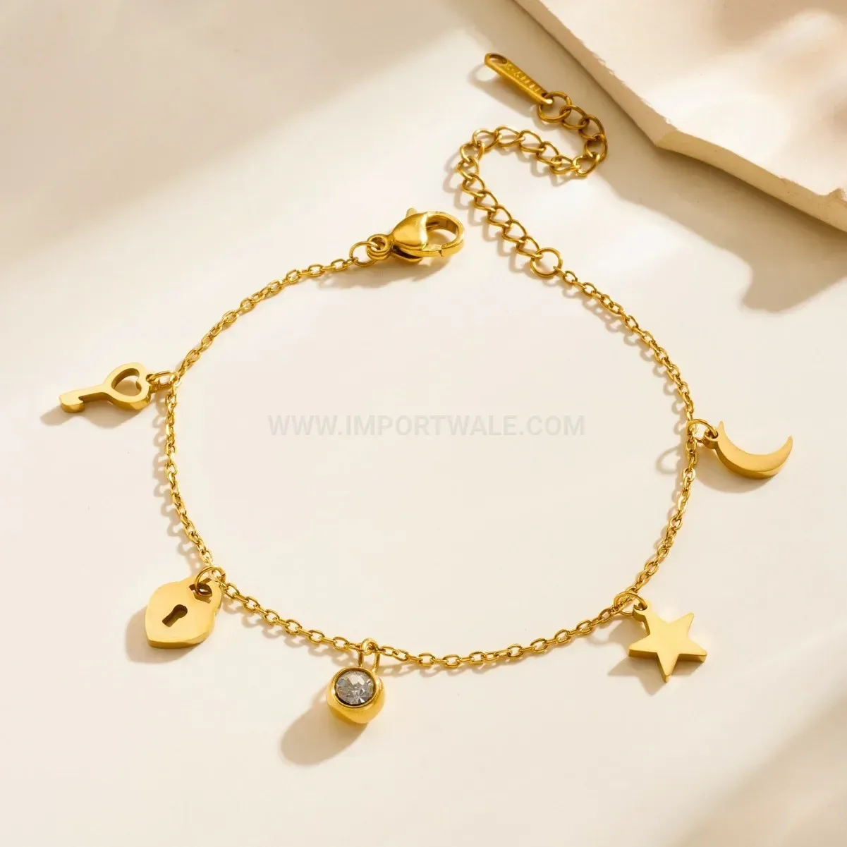 Trendy Celestial Stainless Steel Star and Moon Gold-Plated Bracelet