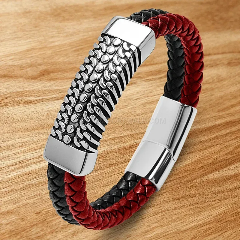 Stylish Sleek Dual-Tone Leather and Stainless Steel Minimalist Men's Wristband