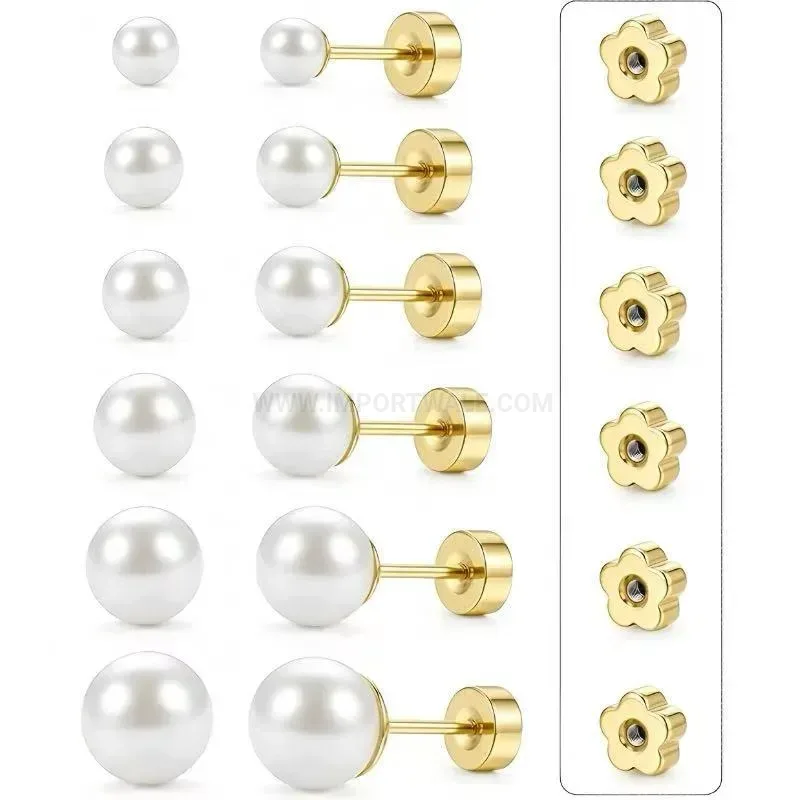 Fashion Classic Faux Pearl Titanium Stainless Steel Stud Earring Set