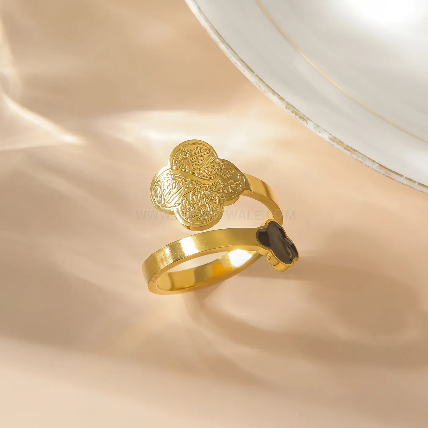 Designer Stainless Steel Islamic Engraved Clover Statement Ring