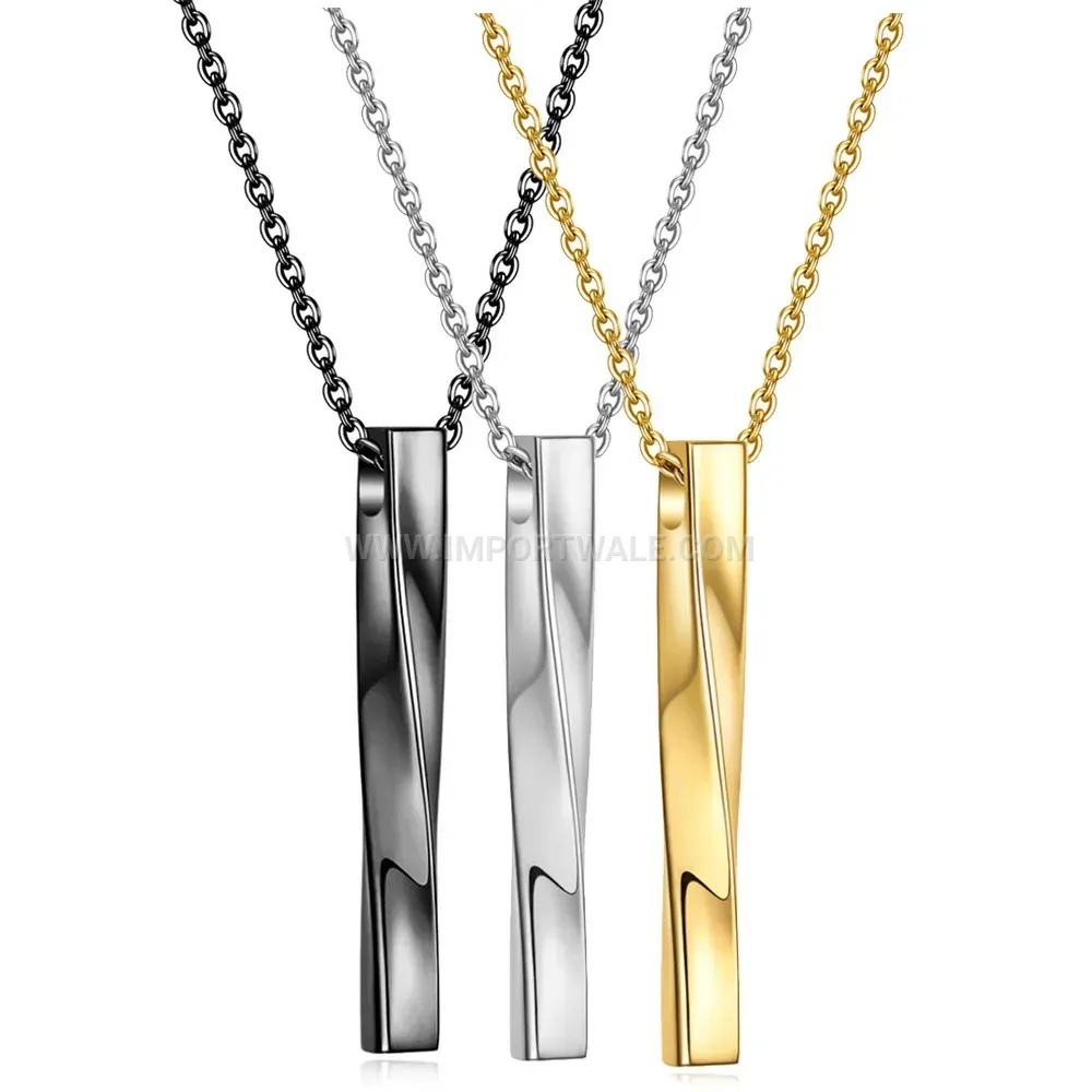 Stainless Steel Twisted Spiral Bar Pendant Necklace