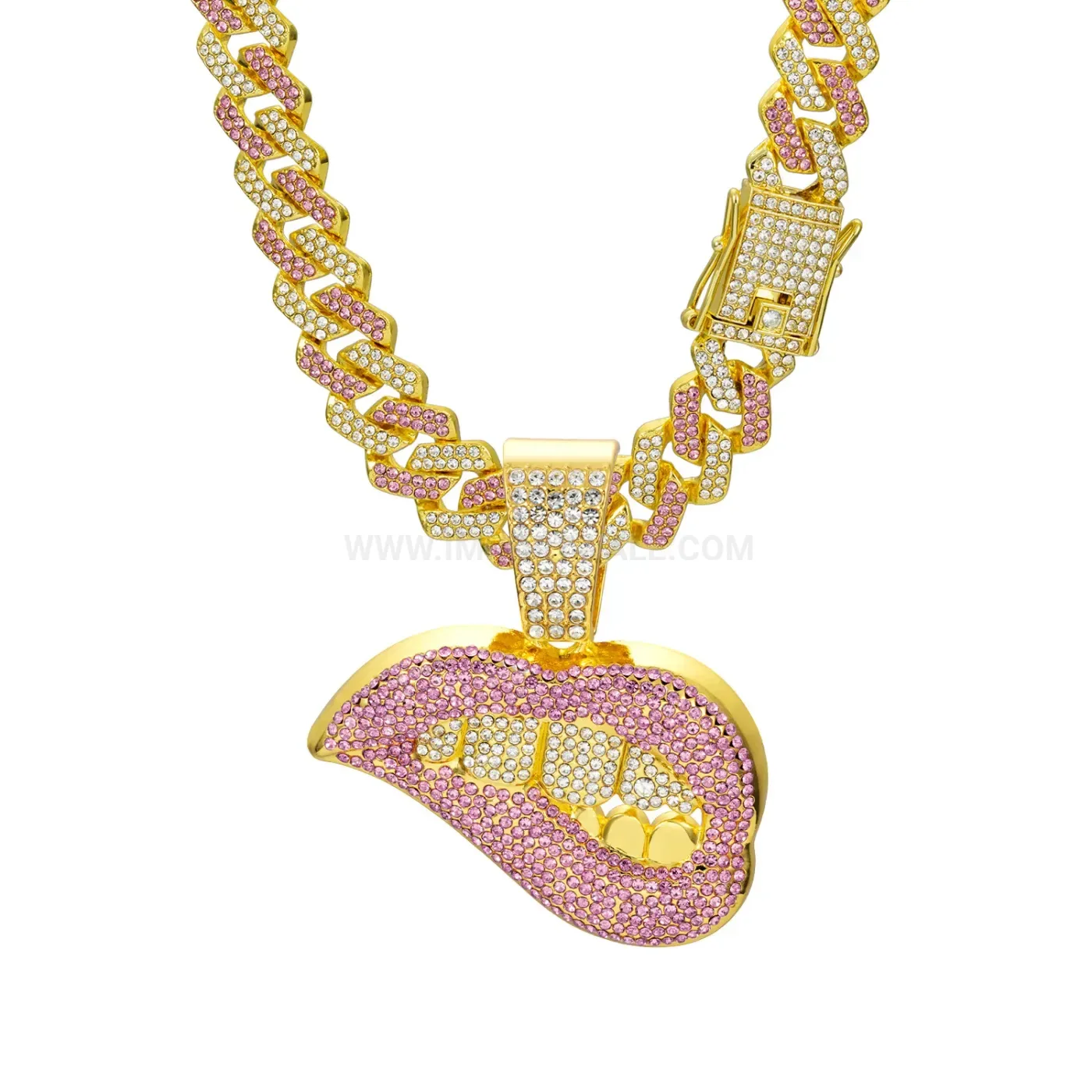 Trendy Pink Rhinestone Lips Pendant Cuban Chain Necklace
