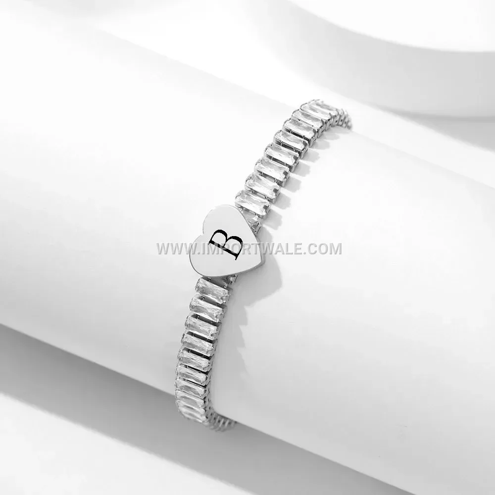 Stainless Steel Cubic Zirconia Engraved Initial Heart Bracelet