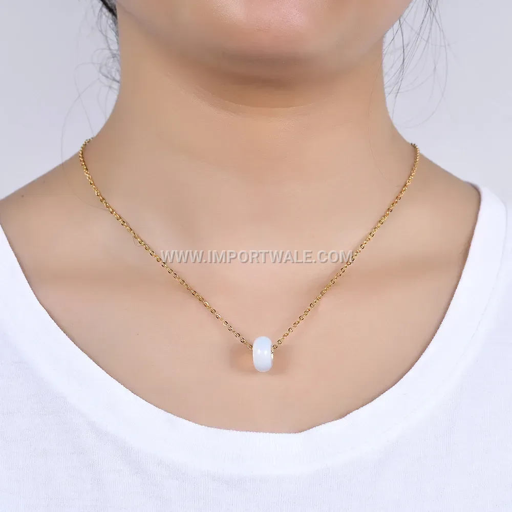Matte Natural Stone Round Pendant Stainless Steel Necklace