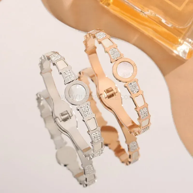 Classic Roman Numeral Mother of Pearl Crystal Titanium Steel Bangle