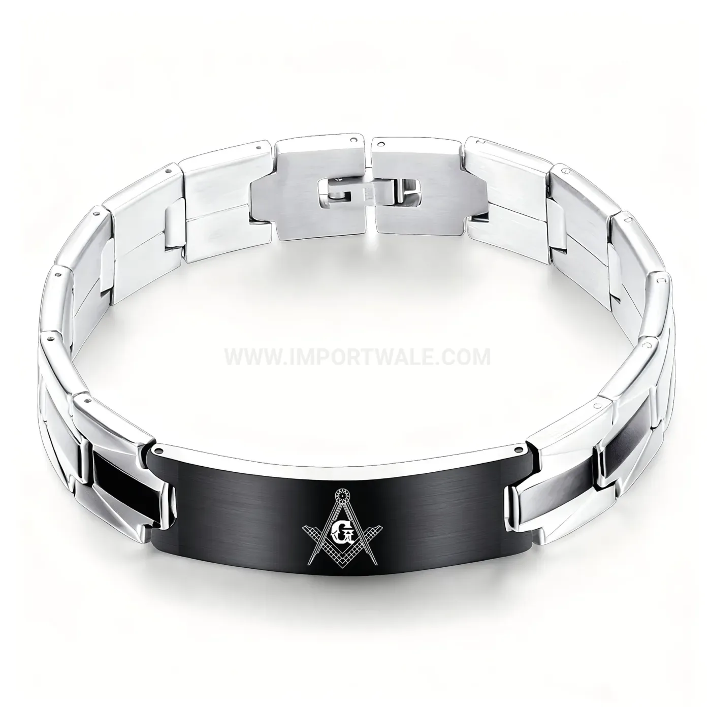 Sleek 9mm Stainless Steel Geometric Freemason Plate Bracelet