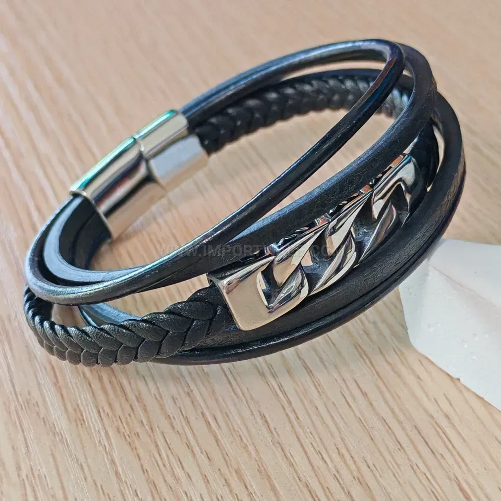 Braided Leather Multi-Layer Stainless Steel Punk Bracelet for Men
