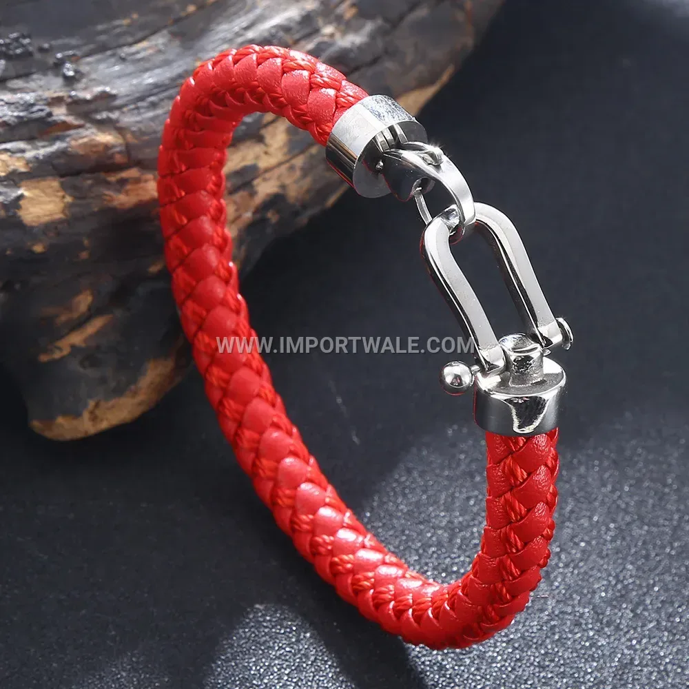 Vintage Stainless Steel Horseshoe Buckle Leather Cord Wristband
