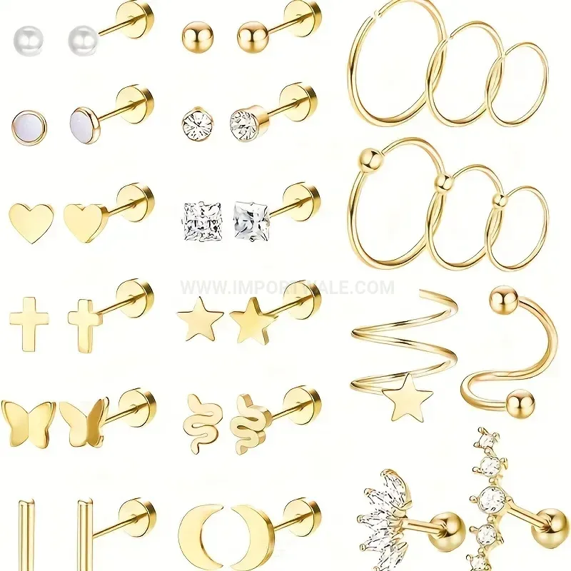 Classic Titanium Steel Piercing Stud Set with Cubic Zirconia Accents