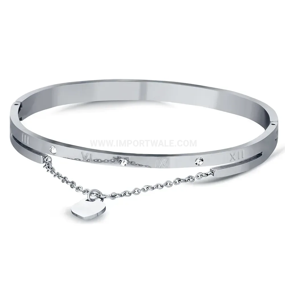 Modern Roman Numerals Heart Rhinestone Stainless Steel Bangle Bracelet
