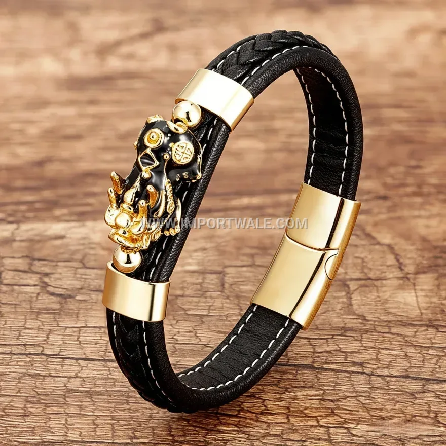 Woven Leather Bracelet with Metallic Pixiu Charm Accents