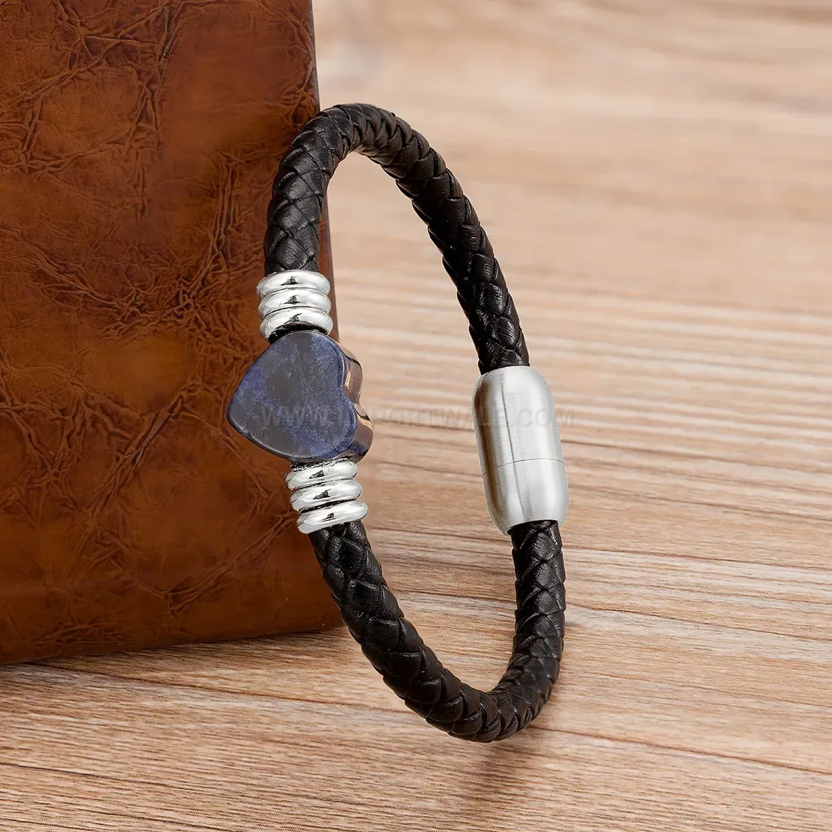 Heart Accent Leather Stone Bracelet with Stainless Steel Magnetic Clasp