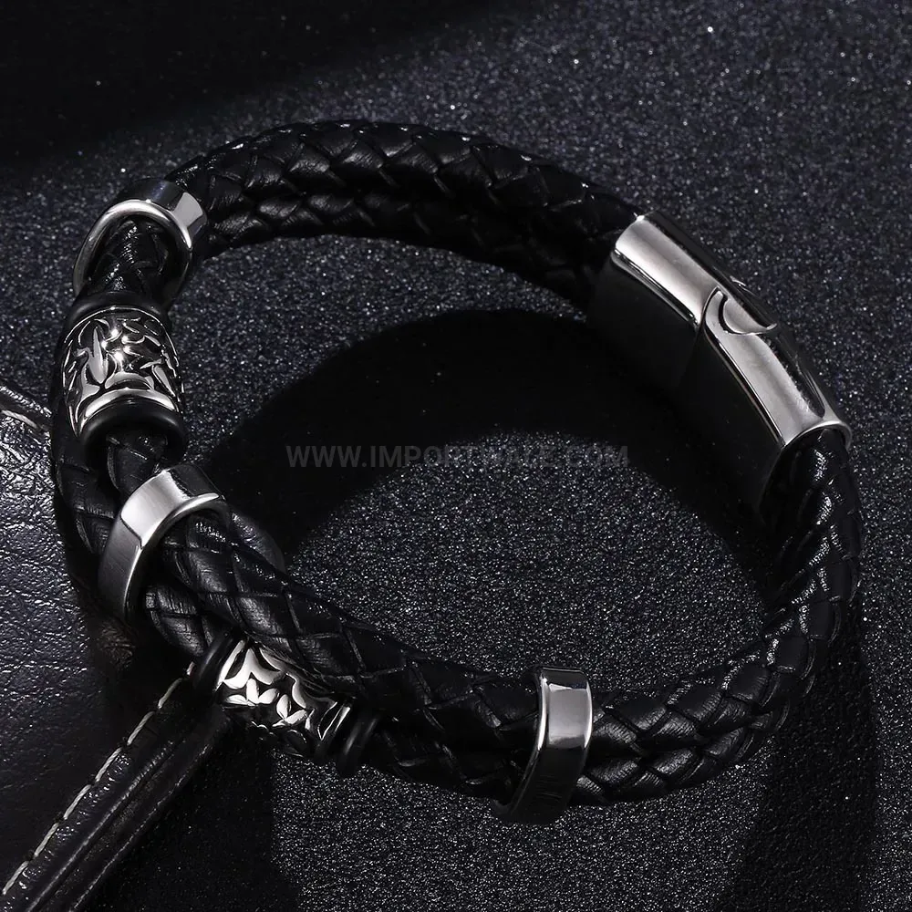 Men's Viking Style Braided Leather Bead Bracelet in Stainless Steel