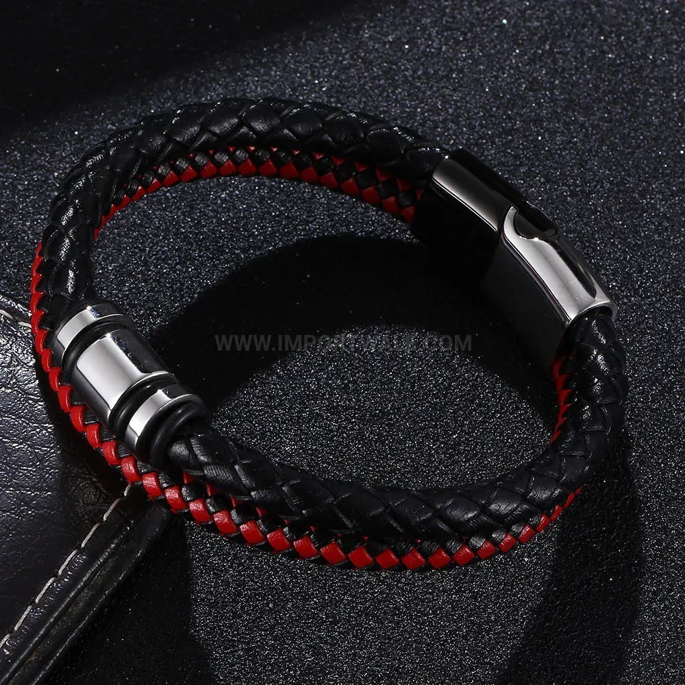Dual Tone Braided Leather Bracelet with Magnetic Stainless Steel Clasp